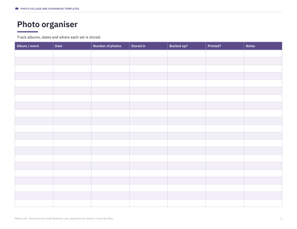 Preview of Printable Photo Organiser Sheet